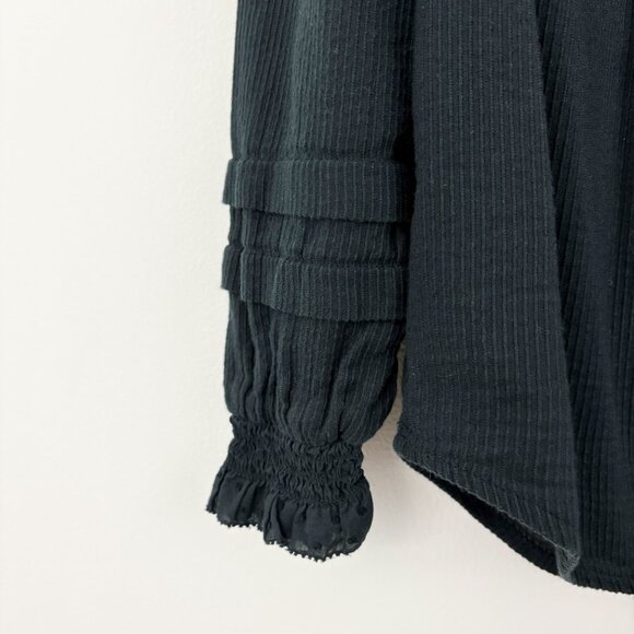 Quince Organic Textured Cotton Peasant Blouse Size S Black Long Sleeve Button Up - Picture 5 of 11
